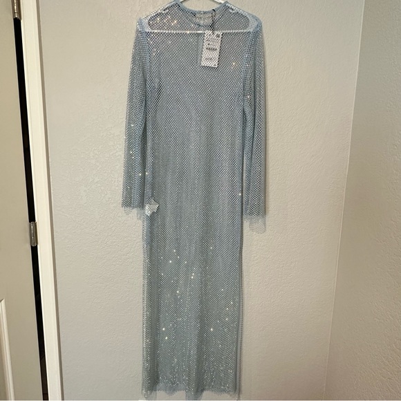 New $169 Zara Rhinestone Mesh Blue Dress Extra Small - Small XS-S 2855/204 - Picture 8 of 11